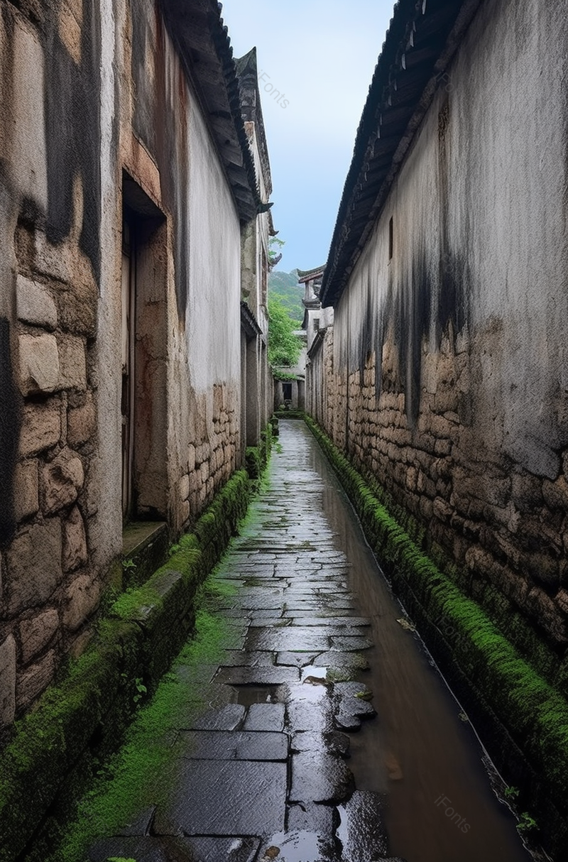 灰色雨后居民乡村羊肠小路破损墙壁积水摄影美景,高清,摄影图,摄影图片,图片大全,摄影图免费下载